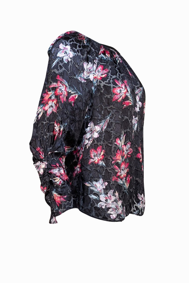 Rebecca Taylor - Black & Multi Color Floral Semi Sheer Blouse Sz 4 - Current Boutique