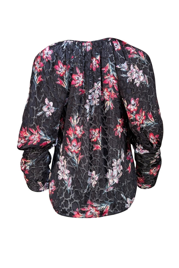 Rebecca Taylor - Black & Multi Color Floral Semi Sheer Blouse Sz 4 - Current Boutique