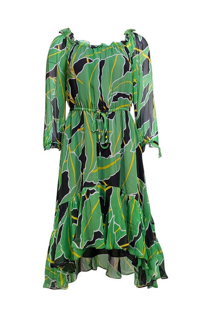 Diane von Furstenberg - Green, Black, & Yellow Print Drawstring Waist Dress Sz XS - Current Boutique