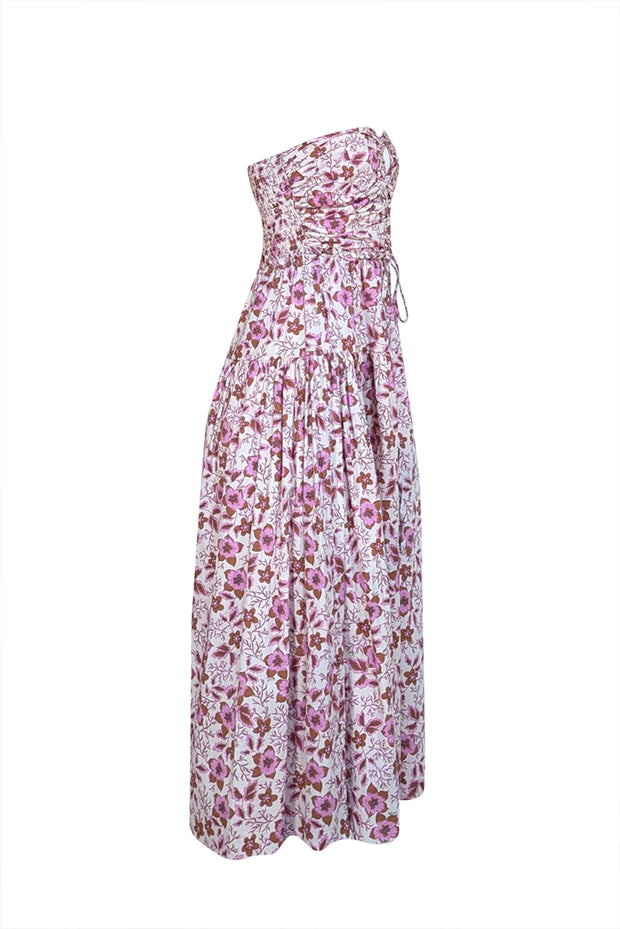 Jason Wu - Ivory w/ Pink & Brown Floral Print Strapless Dress Sz S - Current Boutique