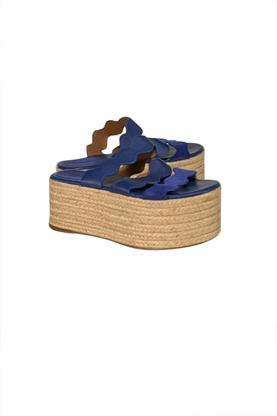 Chloe - Royal Blue Leather Squiggle Strap Espadrille Platform Sandals Sz 8 - Current Boutique
