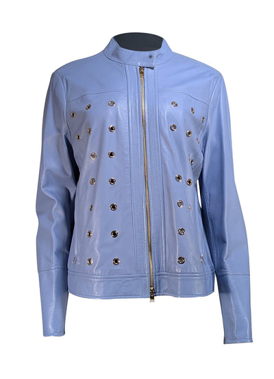 Escada - Light Blue Lamb Leather Grommet Detail Jacket Sz 14 - Current Boutique