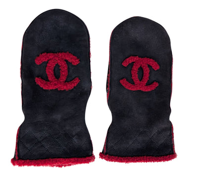 Chanel - Black Suede & Red Shearling Mittens Sz 7.5