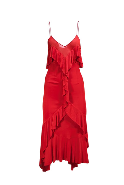 Yves Saint Laurent - Red Sleeveless Ruffle Trim Slip Dress Sz L - Current Boutique