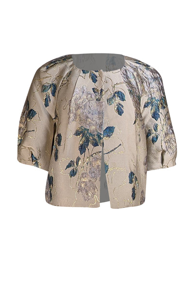 St. John - Sage Green, Teal, & Gold Brocade Jacket Sz P - Current Boutique