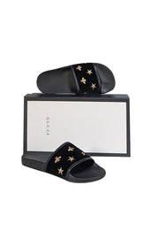 Gucci - Black Velvet w/ Gold Bee & Star Embroidered Slide Sandals Sz 8 - Current Boutique