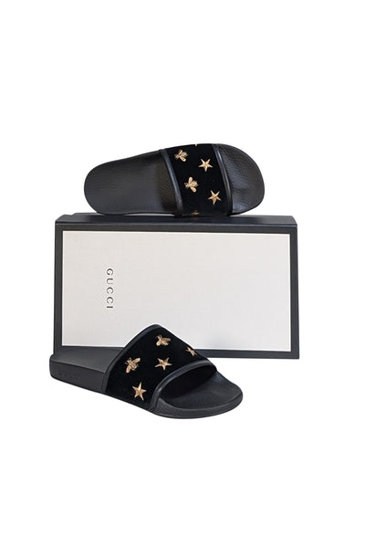 Gucci - Black Velvet w/ Gold Bee & Star Embroidered Slide Sandals Sz 8 - Current Boutique