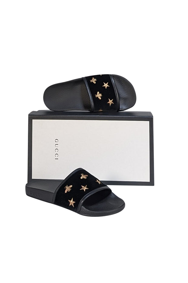 Gucci - Black Velvet w/ Gold Bee & Star Embroidered Slide Sandals Sz 8 - Current Boutique