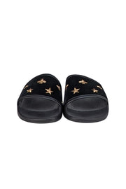 Gucci - Black Velvet w/ Gold Bee & Star Embroidered Slide Sandals Sz 8 - Current Boutique