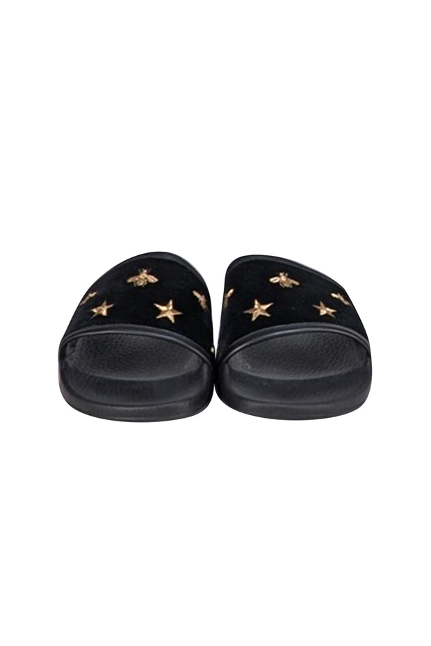 Gucci - Black Velvet w/ Gold Bee & Star Embroidered Slide Sandals Sz 8 - Current Boutique