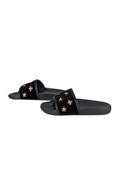 Gucci - Black Velvet w/ Gold Bee & Star Embroidered Slide Sandals Sz 8 - Current Boutique