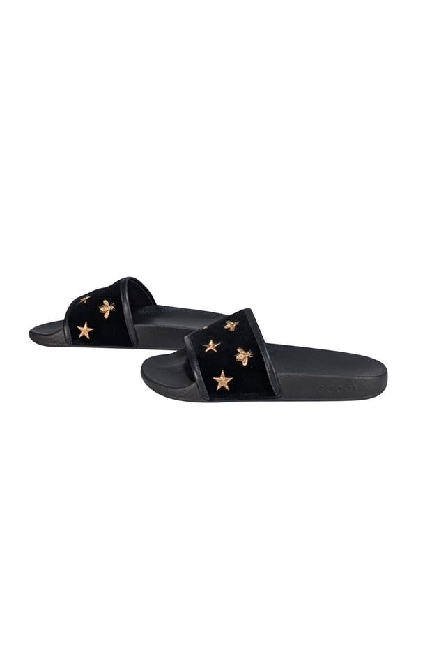 Gucci - Black Velvet w/ Gold Bee & Star Embroidered Slide Sandals Sz 8 - Current Boutique