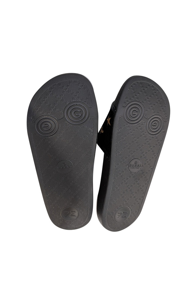 Gucci - Black Velvet w/ Gold Bee & Star Embroidered Slide Sandals Sz 8 - Current Boutique