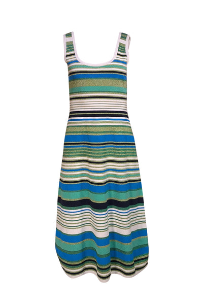 Veronica Beard - White, Green, Blue, & Black Stripe Metallic Sleeveless Dress Sz S