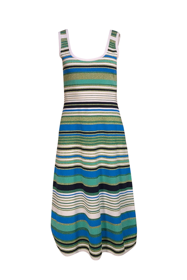 Veronica Beard - White, Green, Blue, & Black Stripe Metallic Sleeveless Dress Sz S