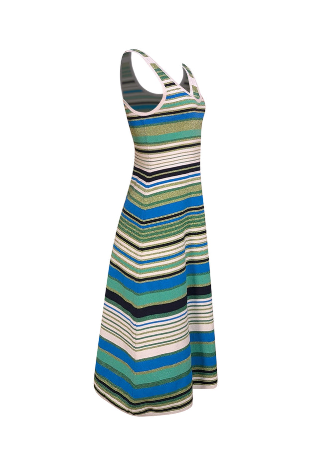 Veronica Beard - White, Green, Blue, & Black Stripe Metallic Sleeveless Dress Sz S