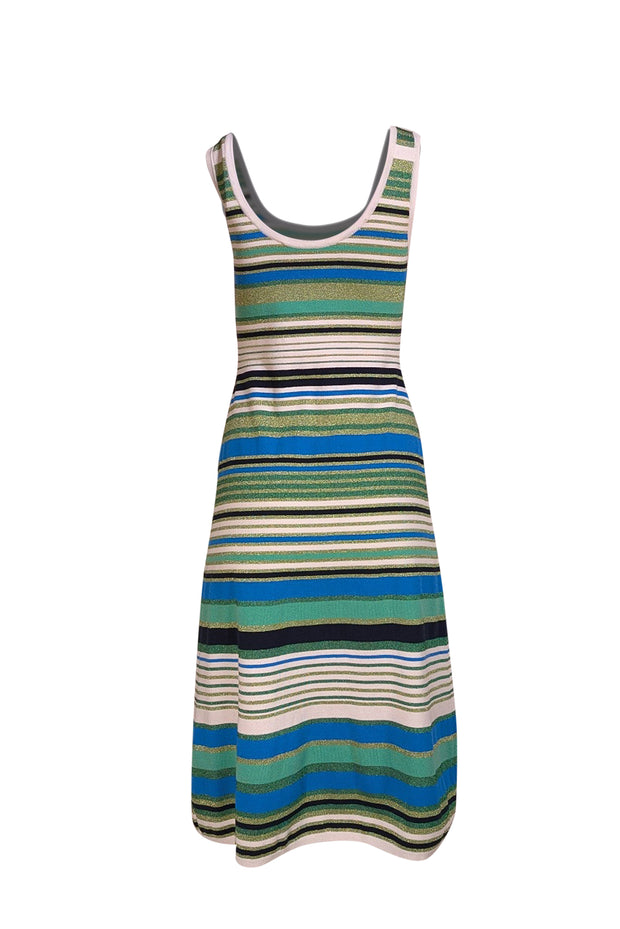 Veronica Beard - White, Green, Blue, & Black Stripe Metallic Sleeveless Dress Sz S