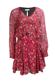 IRO - Red Floral Semi Sheer Open Back Layering Mini Dress Sz 2 - Current Boutique