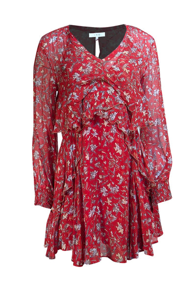 IRO - Red Floral Semi Sheer Open Back Layering Mini Dress Sz 2 - Current Boutique