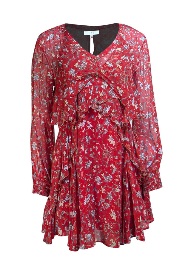 IRO - Red Floral Semi Sheer Open Back Layering Mini Dress Sz 2 - Current Boutique