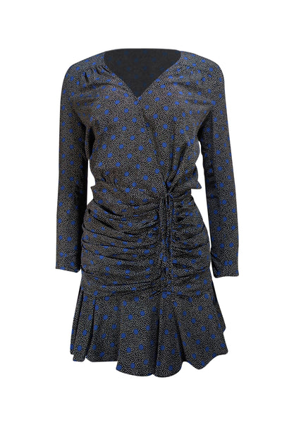 Veronica Beard - Black, Cream, & Blue Polka Dot Ruched Silk Dress Sz 0 - Current Boutique