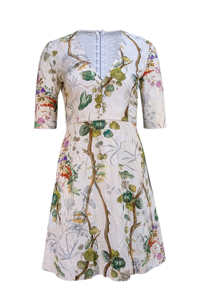 Philosophy di Alberta Ferretti - Ivory Floral Jacquard Cropped Sleeve Dress Sz 4 - Current Boutique