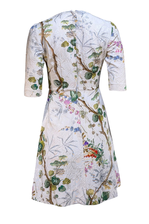 Philosophy di Alberta Ferretti - Ivory Floral Jacquard Cropped Sleeve Dress Sz 4 - Current Boutique