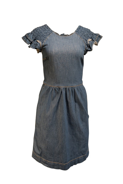 Red Valentino - Medium Wash Blue Denim Smocked Ruffle Cap Sleeve Dress Sz M