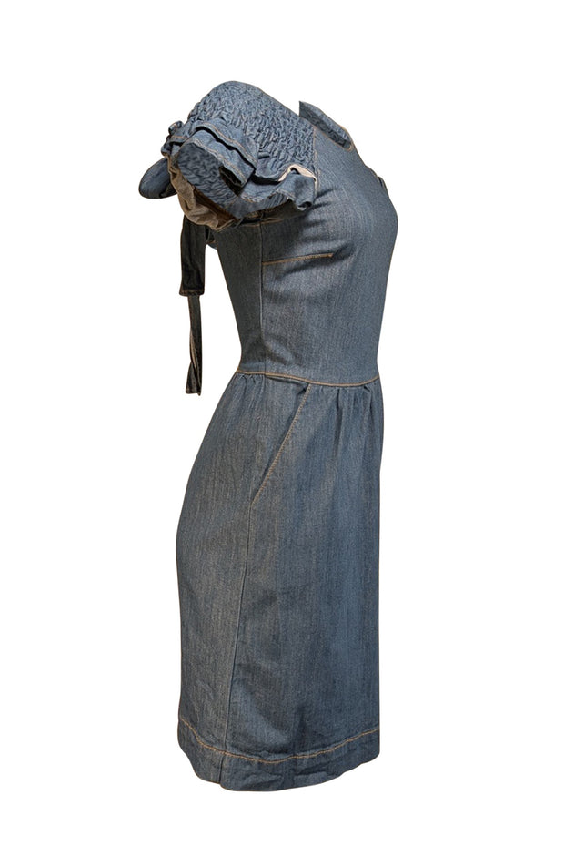 Red Valentino - Medium Wash Blue Denim Smocked Ruffle Cap Sleeve Dress Sz M