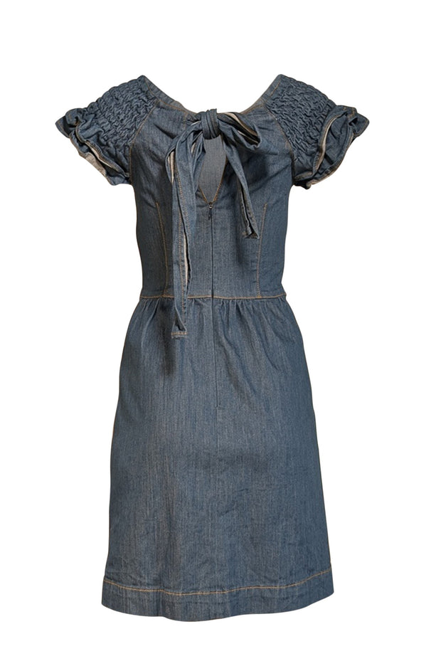 Red Valentino - Medium Wash Blue Denim Smocked Ruffle Cap Sleeve Dress Sz M