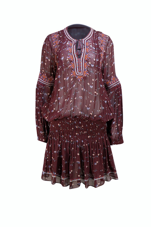 Ulla Johnson - Maroon Floral & Embroidered Smocked Waist Dress Sz 4 Ulla Johnson - Maroon Floral & Embroidered Smocked Waist Dress Sz 4