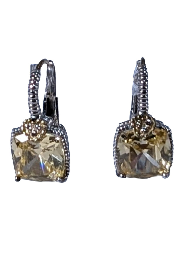 Judith Ripka - Sterling Silver & 18K Gold Huggie Earrings w/ Yellow Stones