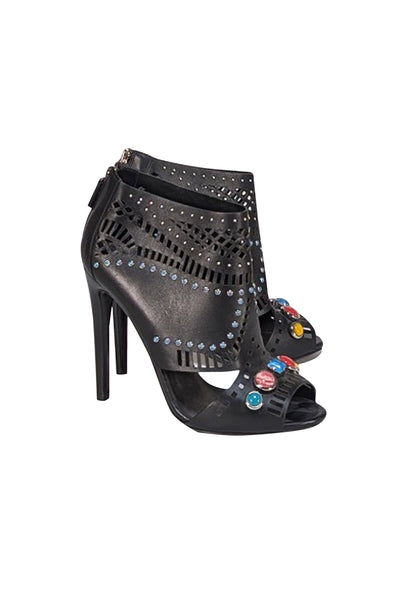 Gucci - Black Leather Perforated Gemstone Trim Heels Sz 8 - Current Boutique