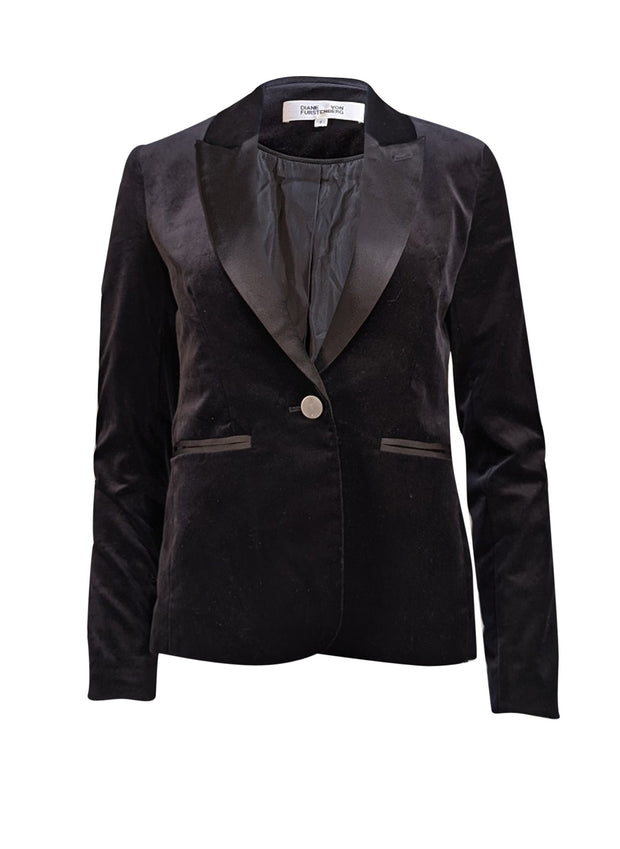 Diane von Furstenberg - Black Velvet Satin Lapel Blazer Sz 2 - Current Boutique