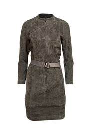 Akris - Olive Green Suede Long Sleeve Shift Mini Dress Sz 6 - Current Boutique