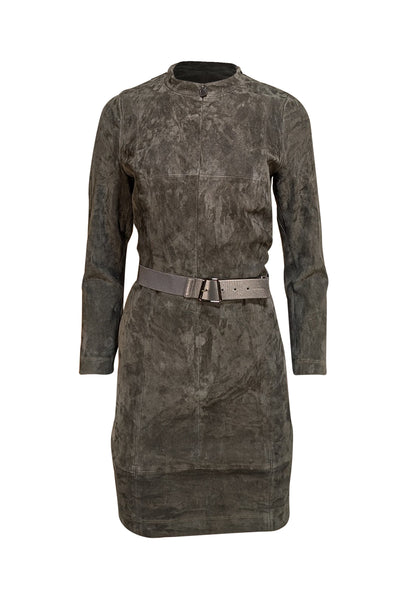 Akris - Olive Green Suede Long Sleeve Shift Mini Dress Sz 6 - Current Boutique