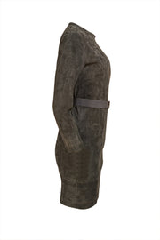 Akris - Olive Green Suede Long Sleeve Shift Mini Dress Sz 6 - Current Boutique