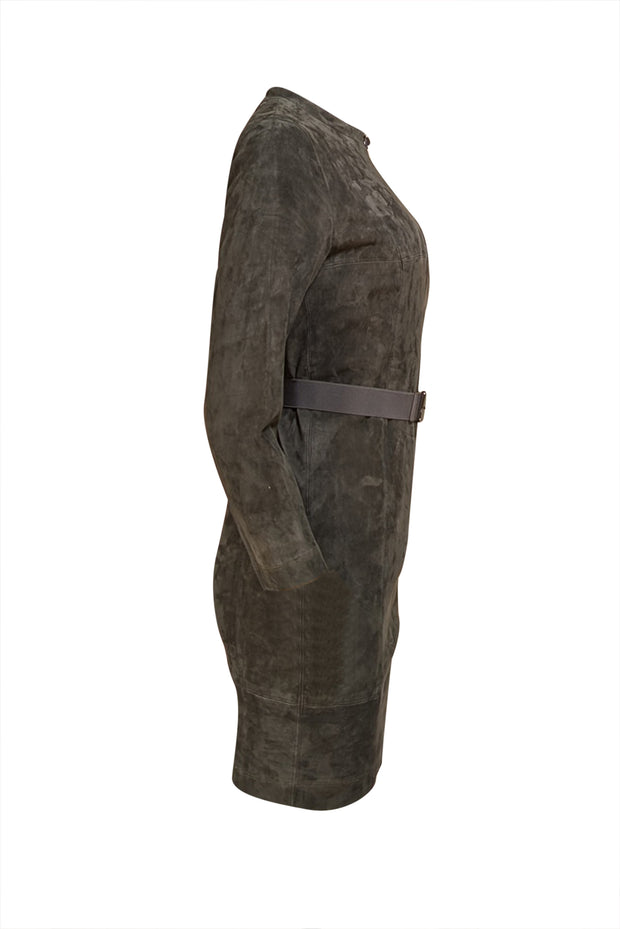 Akris - Olive Green Suede Long Sleeve Shift Mini Dress Sz 6 - Current Boutique