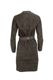 Akris - Olive Green Suede Long Sleeve Shift Mini Dress Sz 6 - Current Boutique