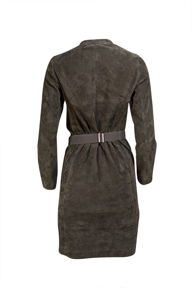 Akris - Olive Green Suede Long Sleeve Shift Mini Dress Sz 6 Akris - Olive Green Suede Long Sleeve Shift Mini Dress Sz 6