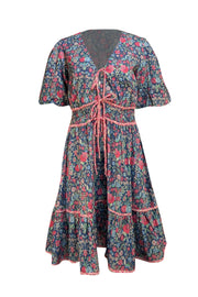 Shoshanna - Blue & Pink Floral Cotton Cropped Sleeve Dress Sz 8 - Current Boutique