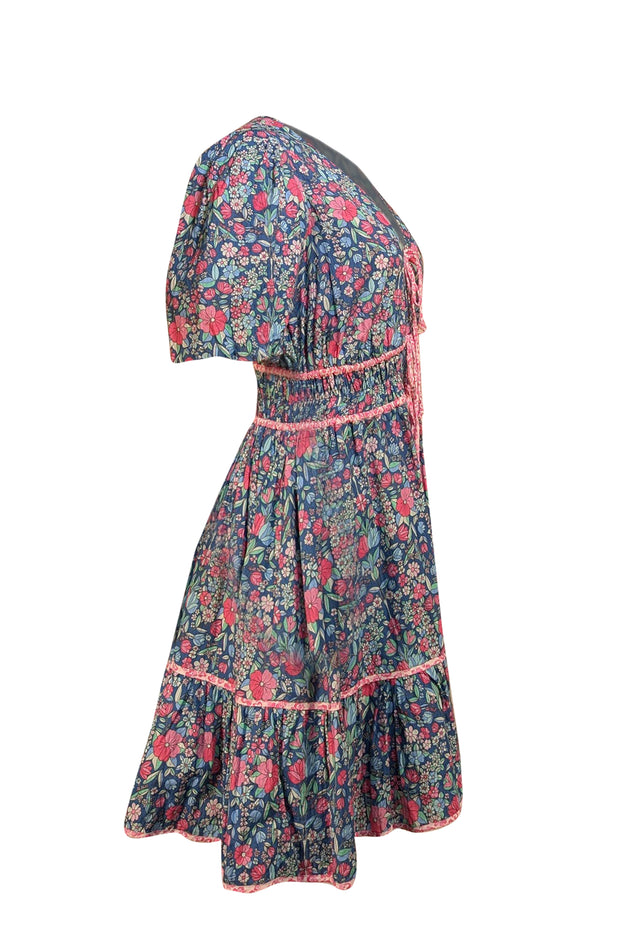 Shoshanna - Blue & Pink Floral Cotton Cropped Sleeve Dress Sz 8 - Current Boutique