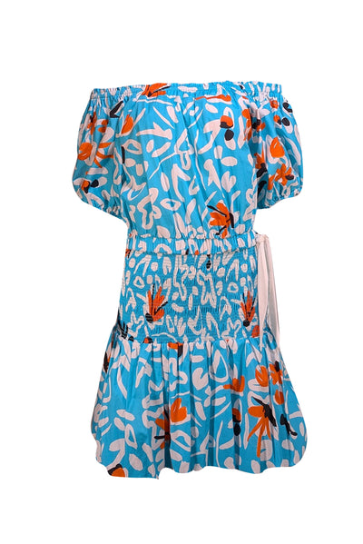 Tanya Taylor - Aqua Blue, White, & Orange Print Smock Bottom Dress Sz 10 - Current Boutique