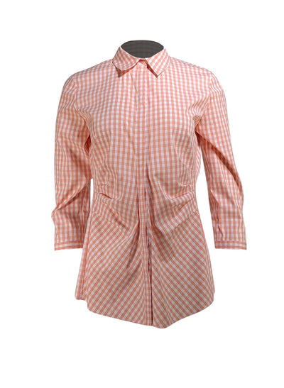 Lafayette 148 - Orange & White Gingham Ruched Button Front Shirt Sz 6 - Current Boutique