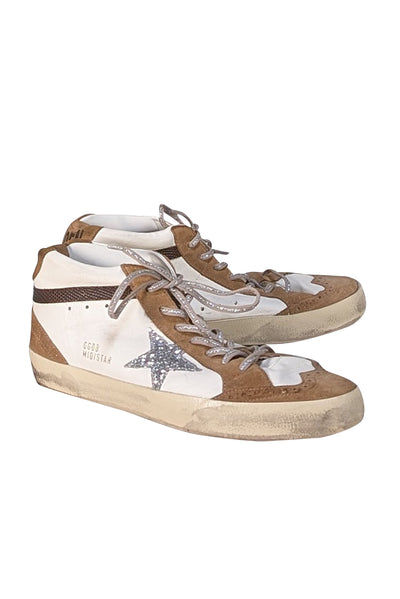 Golden Goose - White Leather Midstar Sneakers w/ Tan Trims & Silver Star Sz 12