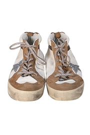 Golden Goose - White Leather Midstar Sneakers w/ Tan Trims & Silver Star Sz 12