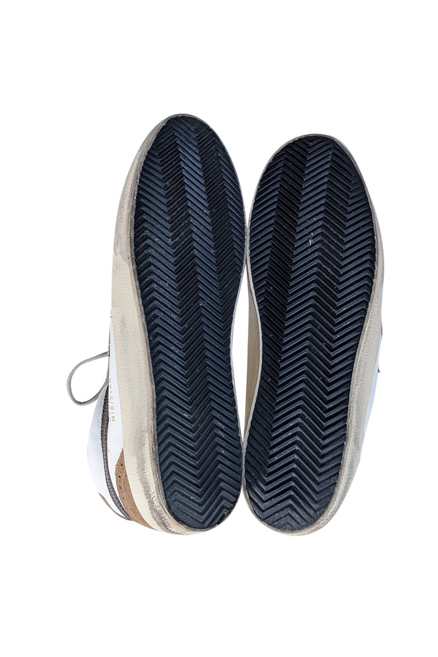 Golden Goose - White Leather Midstar Sneakers w/ Tan Trims & Silver Star Sz 12