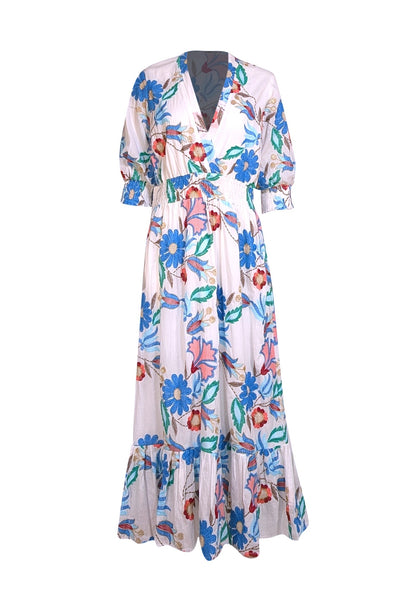 Oliphant - White & Multicolor Embroidered Print Maxi Dress Sz M - Current Boutique