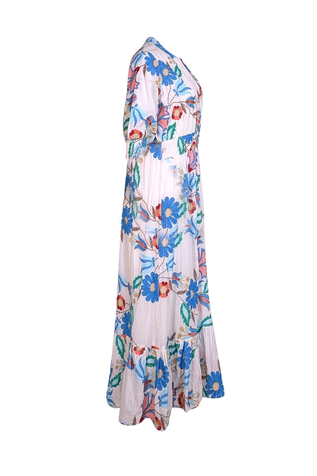 Oliphant - White & Multicolor Embroidered Print Maxi Dress Sz M - Current Boutique