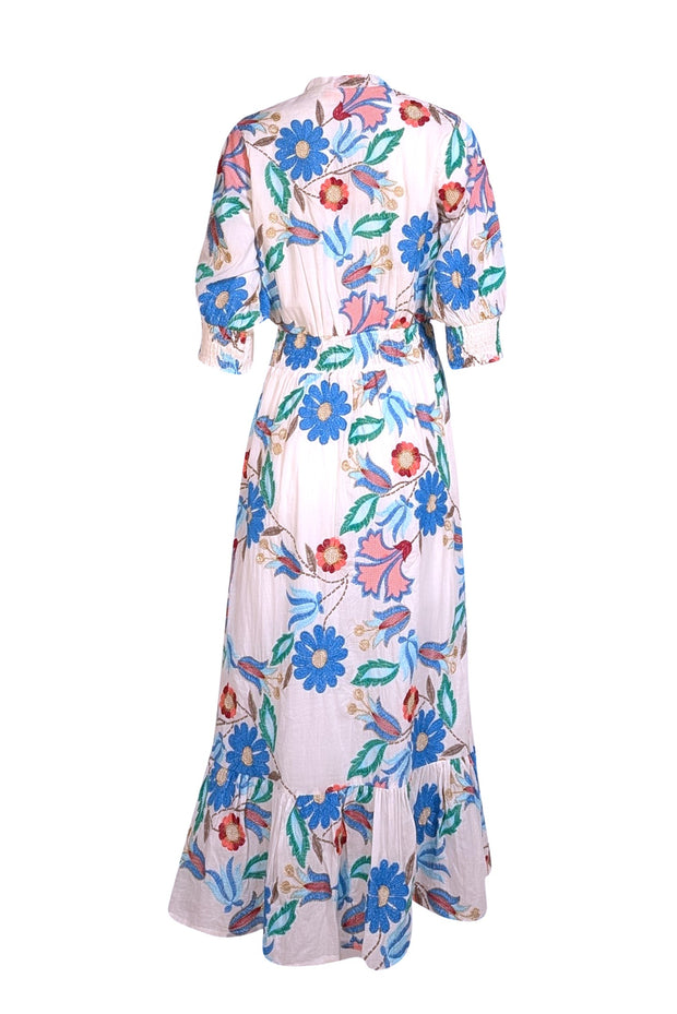 Oliphant - White & Multicolor Embroidered Print Maxi Dress Sz M - Current Boutique